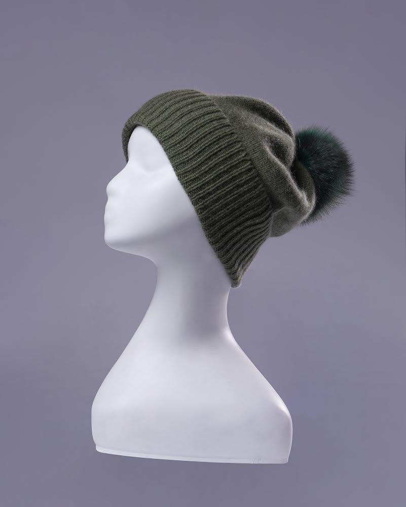 Erdenet: Slouch Pom Hat- 100% Mongolian Cashmere and Real Rabbit Fur