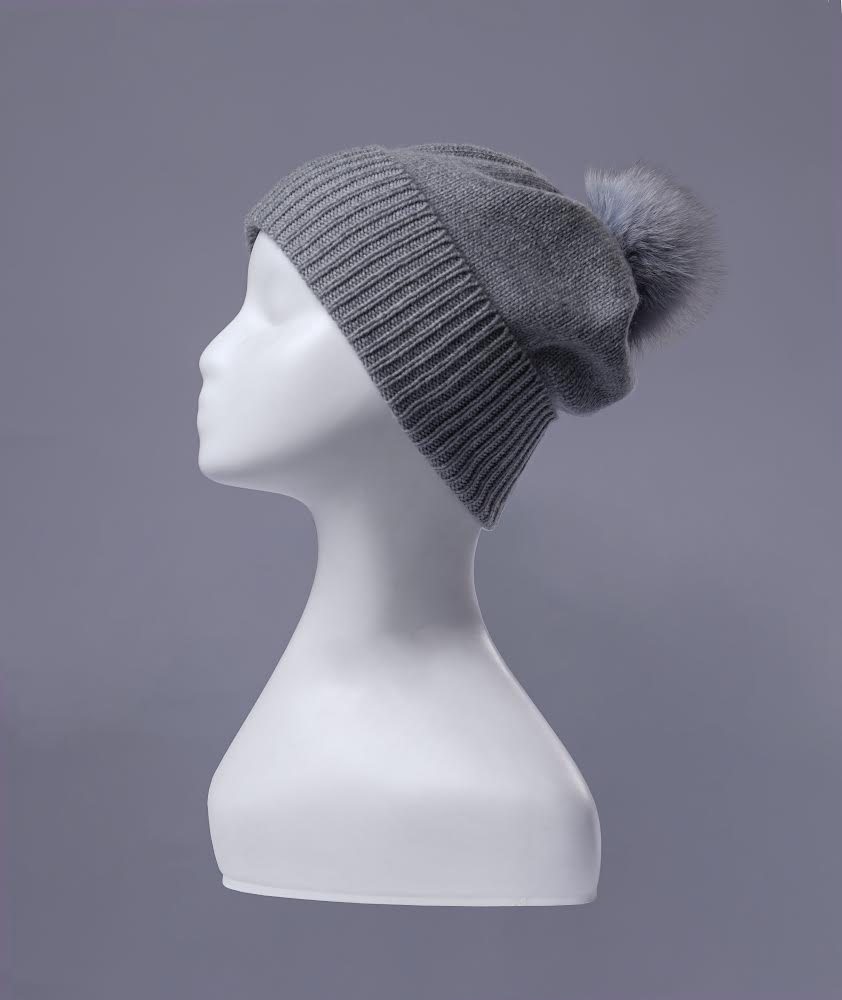 Erdenet: Slouch Pom Hat- 100% Mongolian Cashmere and Real Rabbit Fur